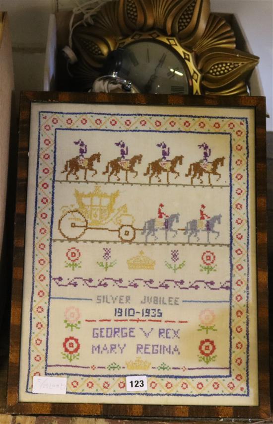 Silver plate, gilt clock, print & WW1 sampler